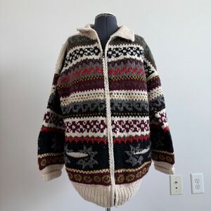 Handmade in Ecuador Zip-Front Oversized Boho 100% Wool Sweater‎ Cardigan